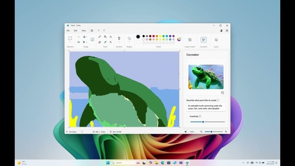 Paint window on Surface Laptop 7 using Copilot + PC. On the left is a turtle drawn in Paint, and on the right is the Co-Creator window generating an image of a turtle on a coral reef background.