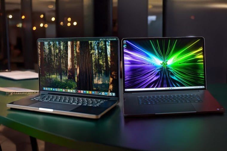 MacBook Pro M4 Max and Razer Blade 18 side-by-side on a table, one displaying an image of a forest, the other with vibrant abstract graphics