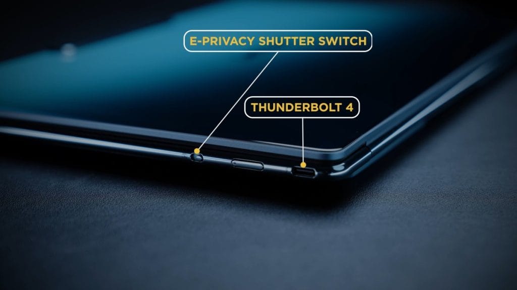 A close-up of the Lenovo Yoga Slim 9i's side panel, highlighting the E-Privacy Shutter switch for enhanced webcam security and the Thunderbolt 4 port for high-speed connectivity.