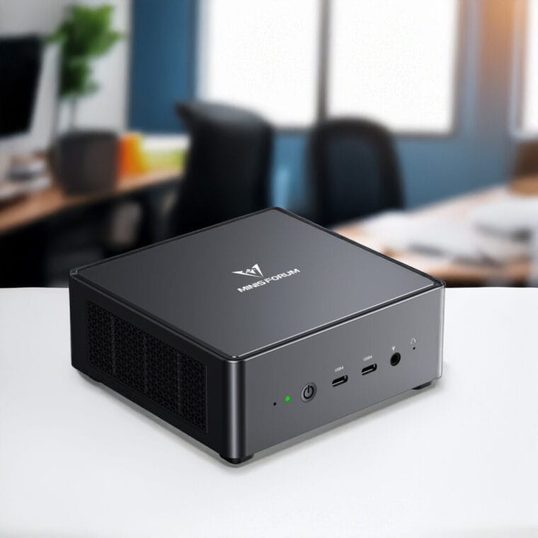 Compact MINIS Forum UM790 Pro mini-computer with various connection ports, ideal for office use.