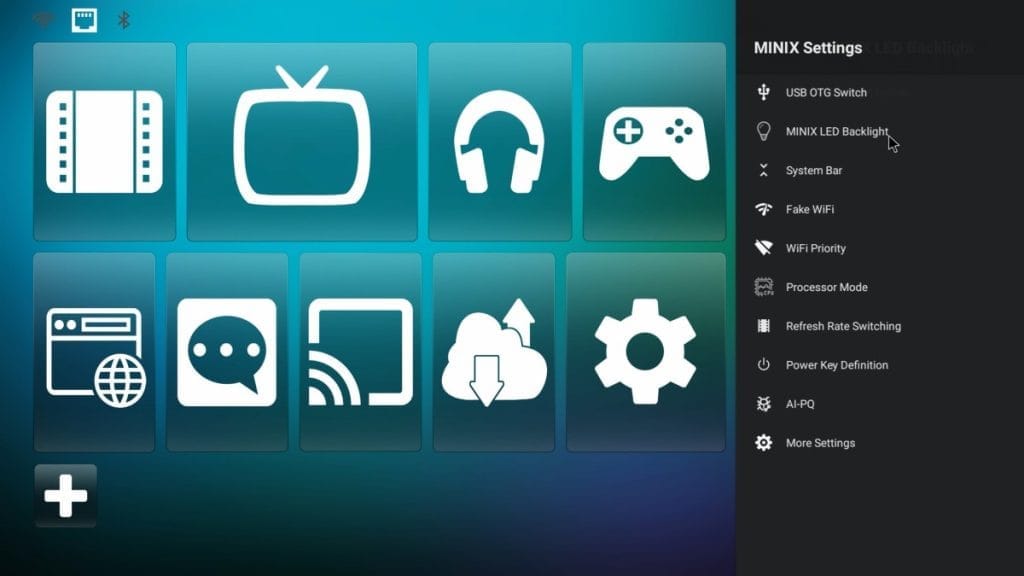 MINIX interface with icons for multimedia, gaming, and network