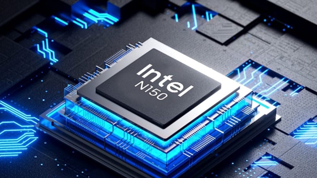 An image of the Intel N150 processor with a blue glow and schematic background