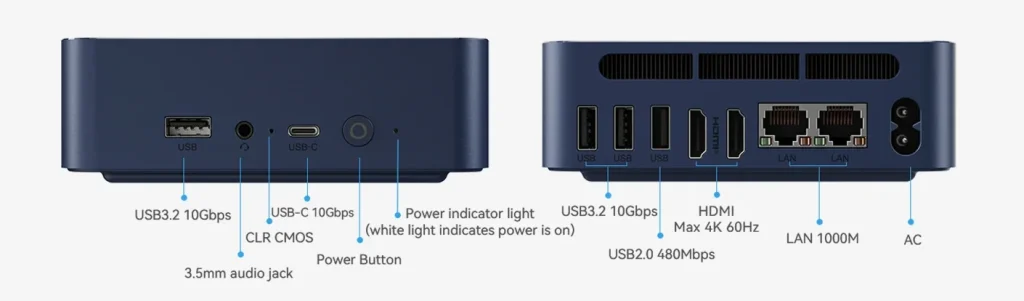 Beelink EQ14 Mini PC with USB, HDMI, and audio ports for PC connectivity