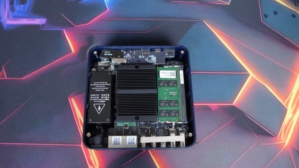 Beelink EQ14 internal layout showing the motherboard, processor, and memory configuration