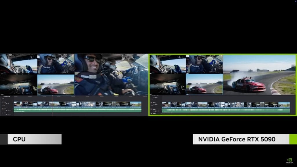 A split screen comparing video editing: slow rendering on the CPU (left) and smooth playback on the NVIDIA RTX 5090 (right).